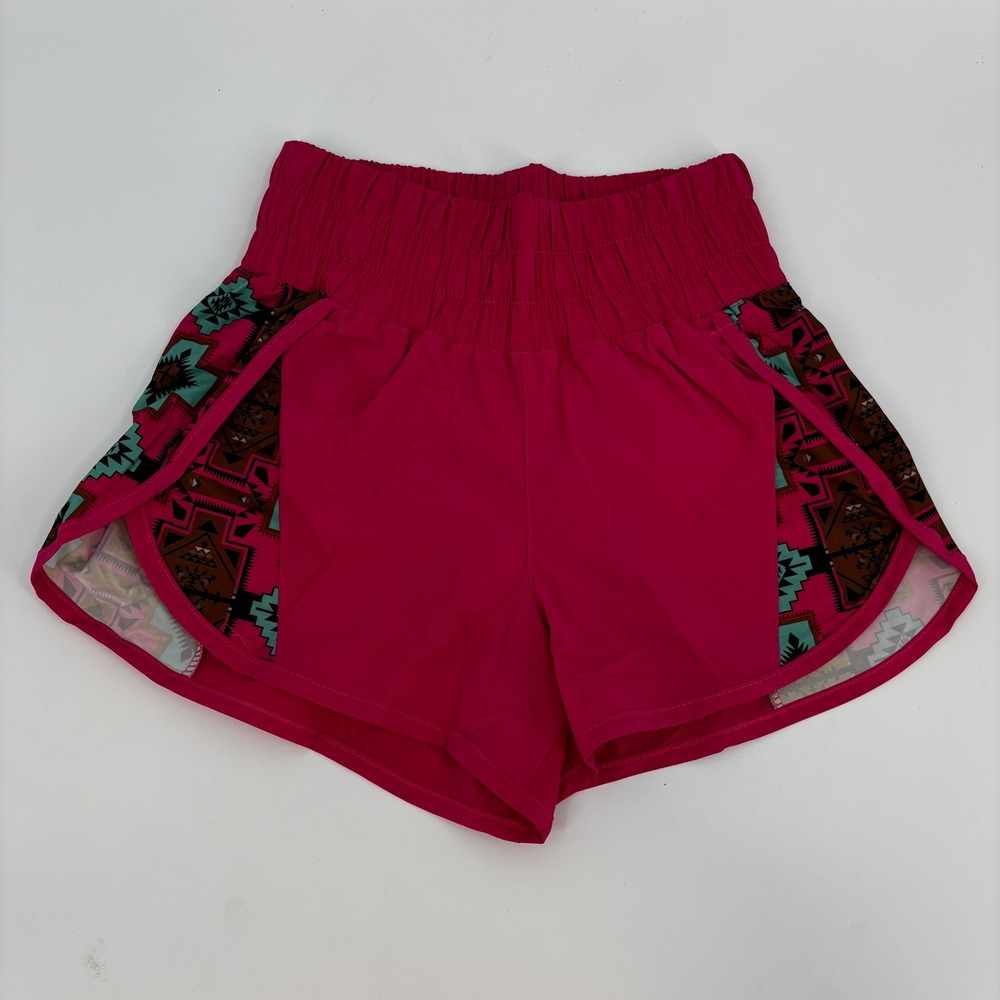 2 Fly Co Athletic Shorts Women Medium Pink Southwestern Smocked Waist Liner